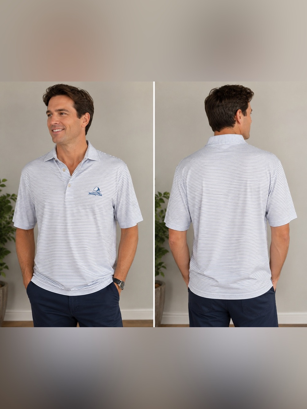 Peter Millar Summer Comfort Mossy Oak MenWhite Blue Striped Performance Polo L